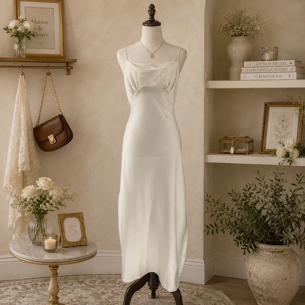 Diane von Furstenberg Ivory Satin Slip Maxi Dress Sz S Cowl Neck 90s Minimalist